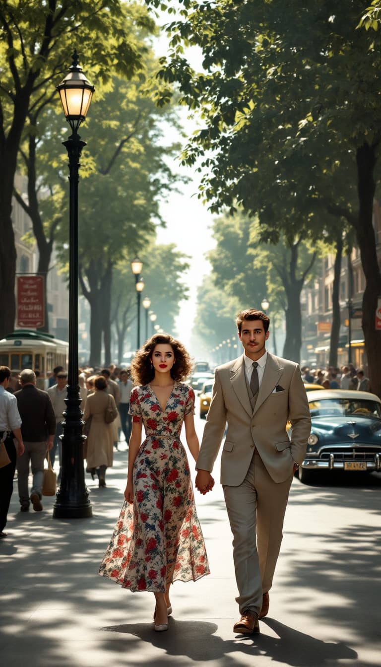 AI generated: a young couple from the 1950s walking along the vibrant and busy streets of Vali Asr Street (formerl...