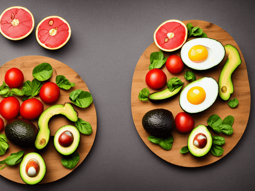 AI generated: very healthy food plate with avocados, tomatoes, eggs, greens, and other healthy food in single long...