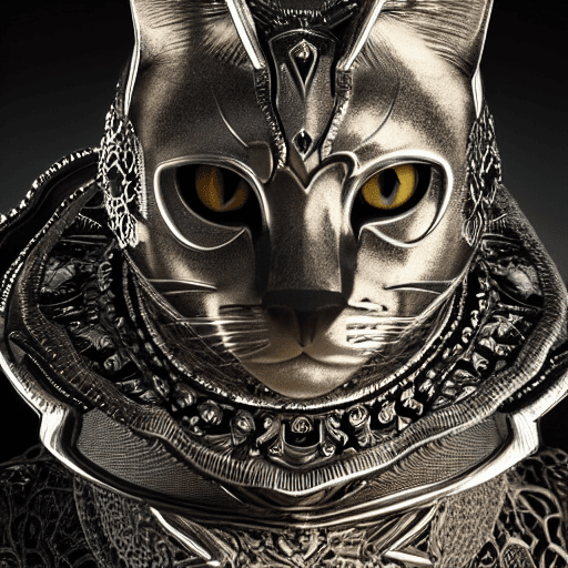 AI generated: kneeling cat knight, portrait, intricate design, silver, silk, cinematic lighting,  andrea ribochev ...