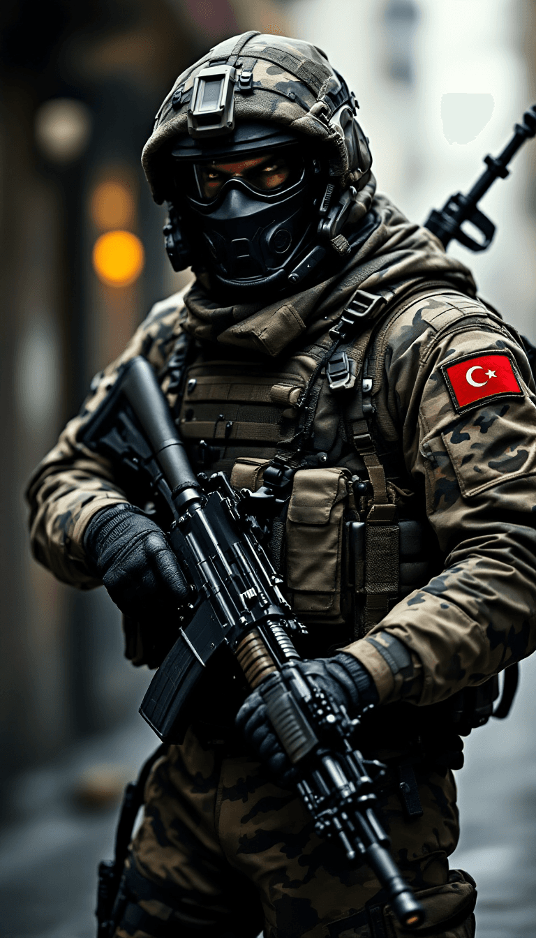 AI generated: /imagine prompt: A fierce, modern Turkish soldier dressed in advanced military tactical gear, with c...