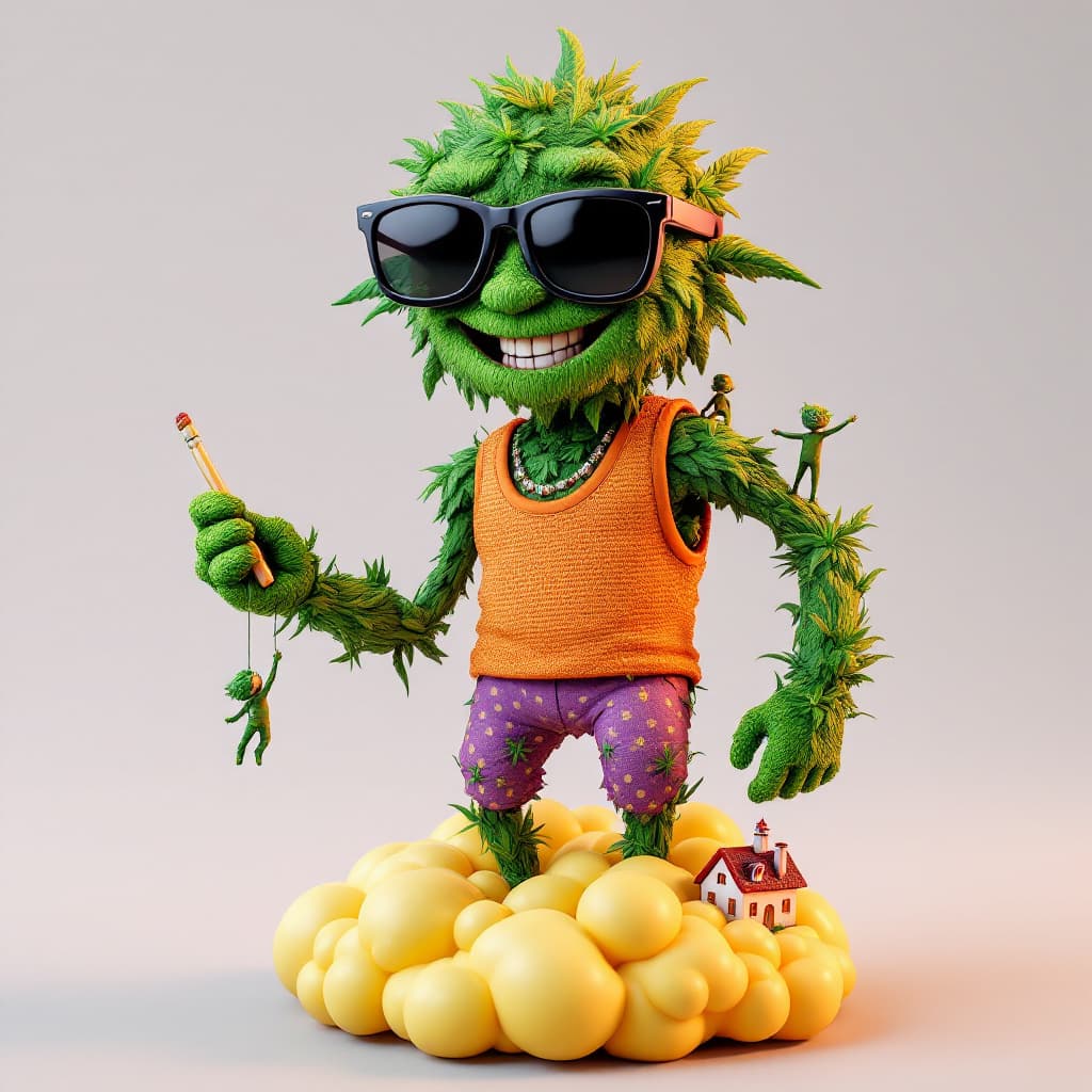 AI generated: Create a 3D stylized version of a quirky, cartoonish humanoid character made entirely out of cannabi...