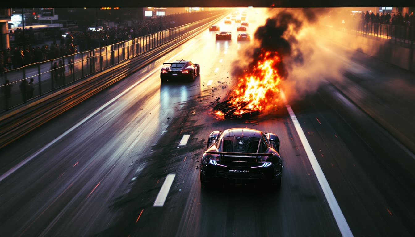 AI generated: The race track is well lit by sunlight.    Tensions are rising. EMERGENCY on the track!  There has b...