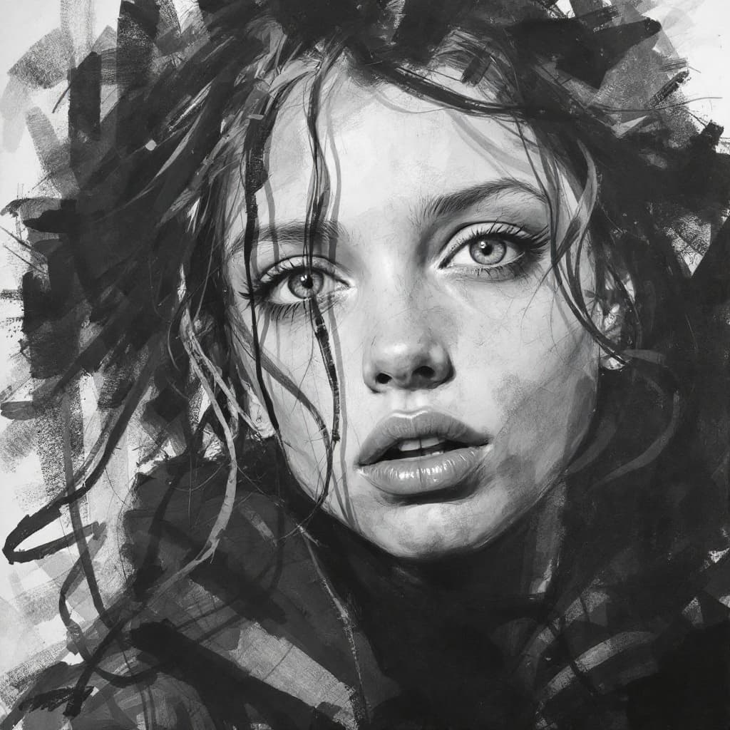 AI generated: Charcoal drawing, portrait of a girl, expressive, from waist to top of the head