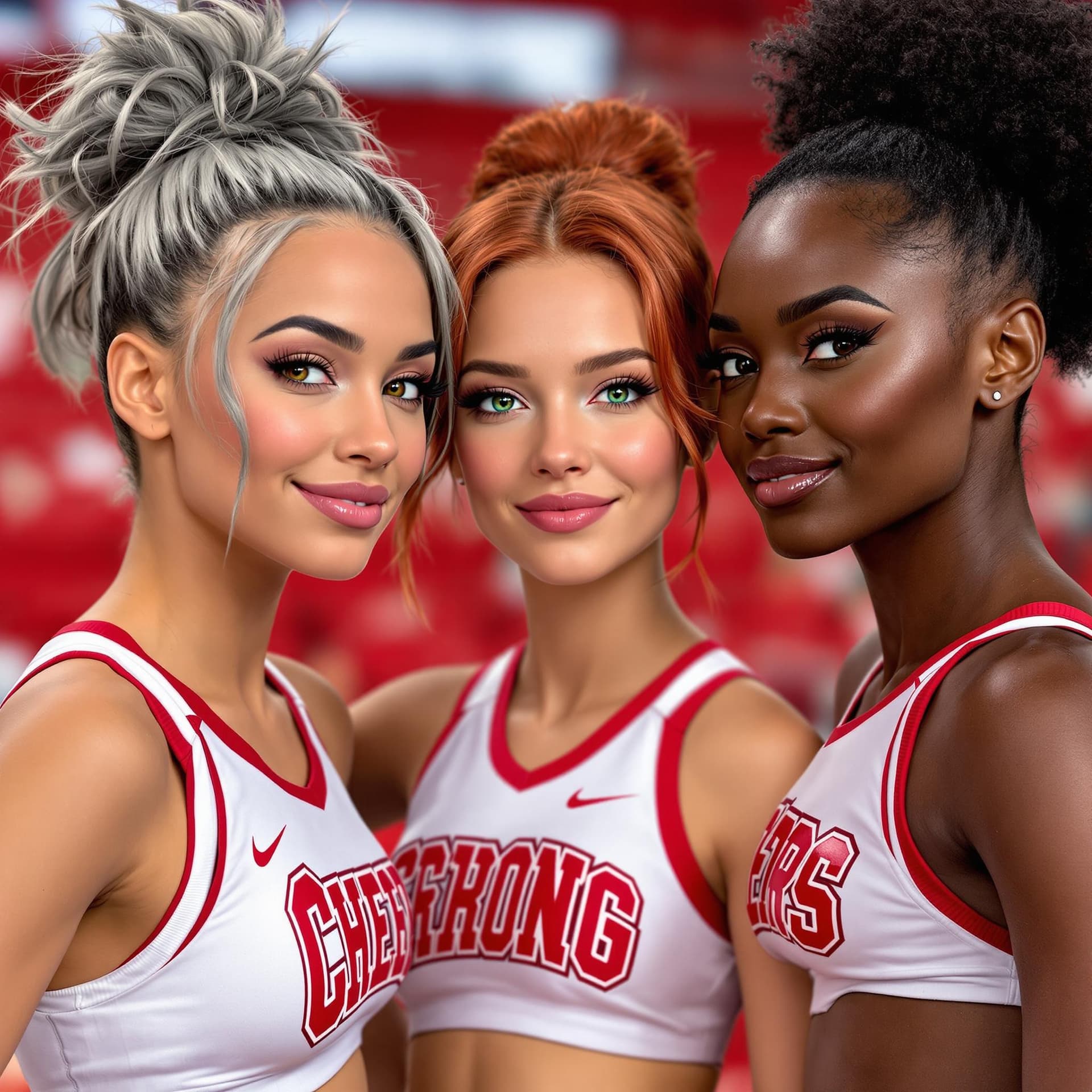 AI generated: A picture of 3 18 year old cheerleaders, the oufit features the colors red and white. One cheerleade...