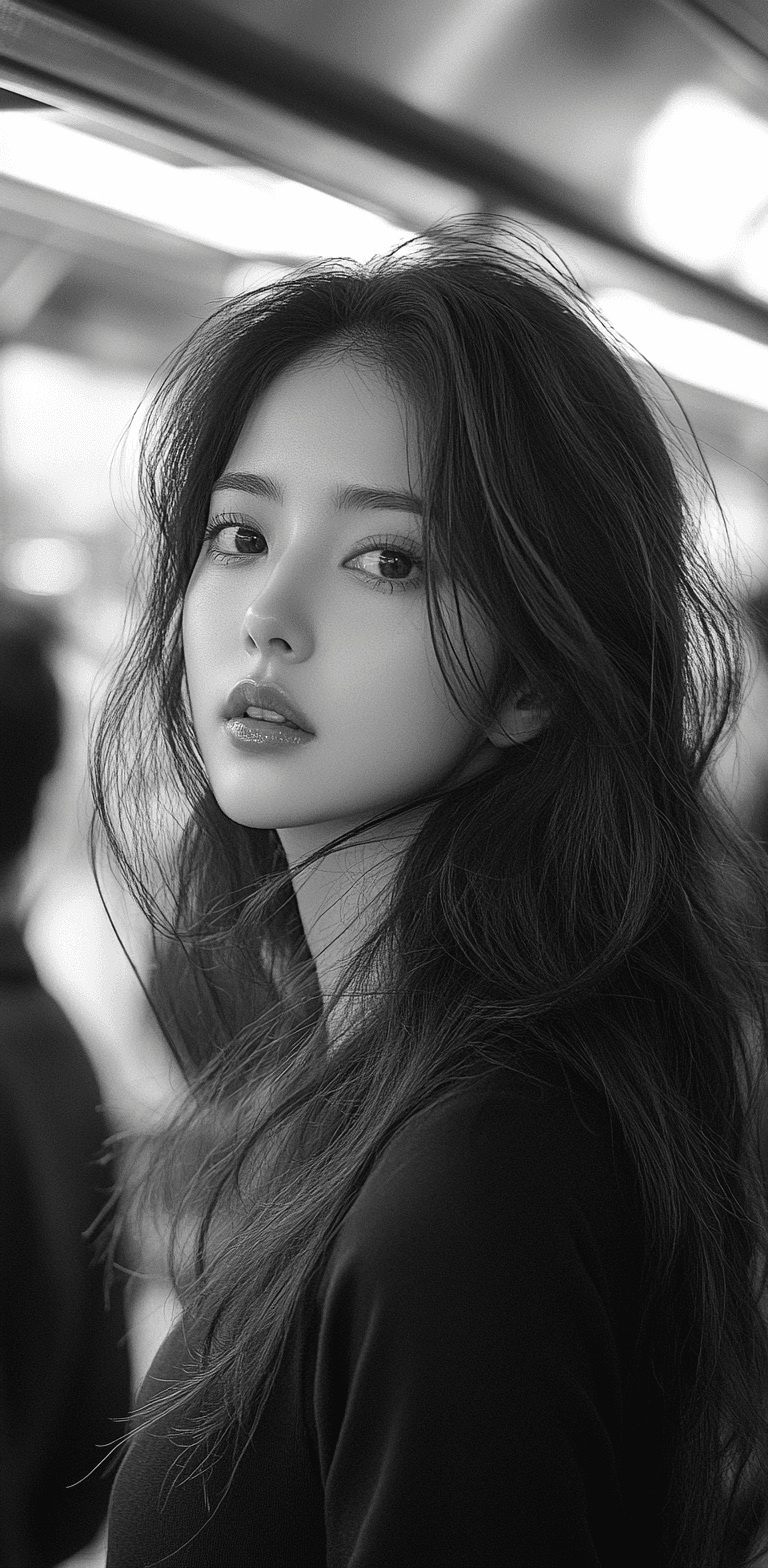 AI generated: A black and white photograph of an Asian woman with long hair, walking through a crowded subway stat...