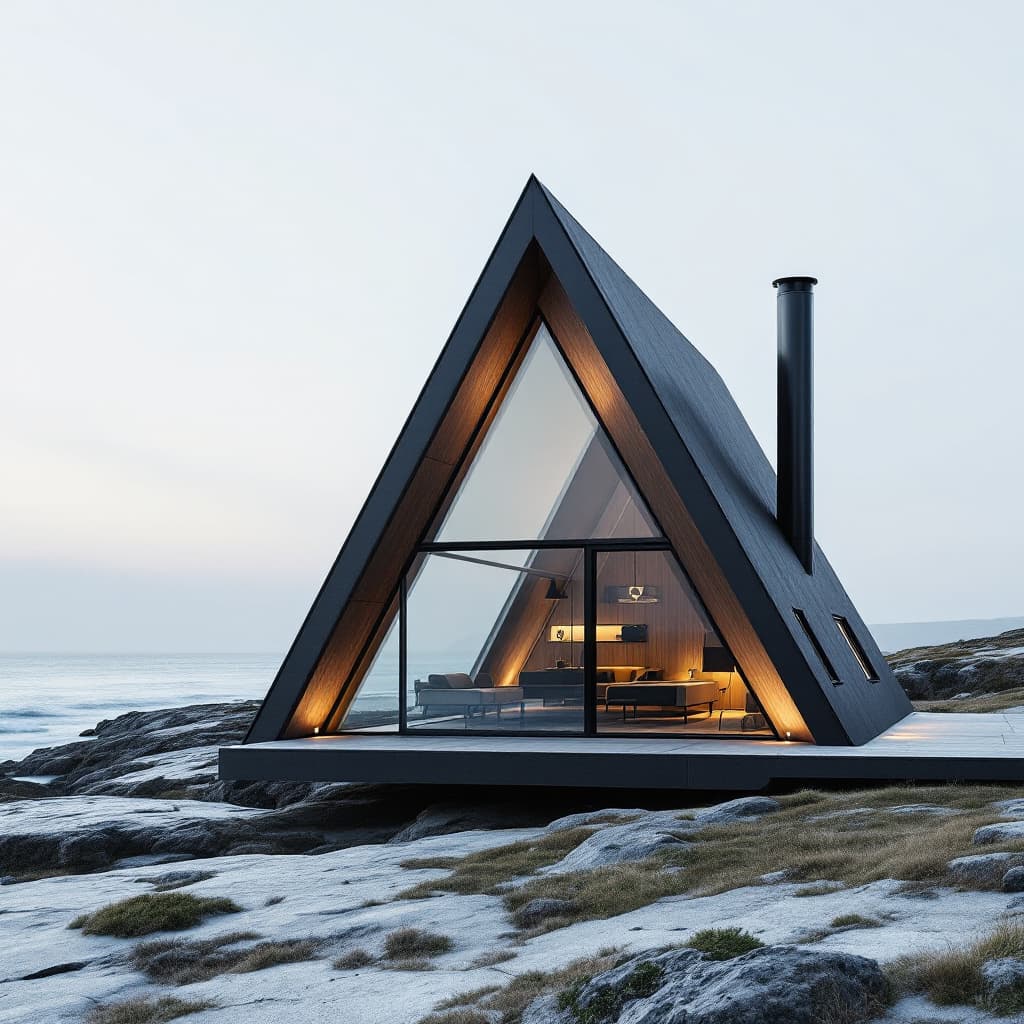 AI generated: modern cabin, tiny house, architecture, minimalist, lights, black steel, concrete, triangle, ocean i...