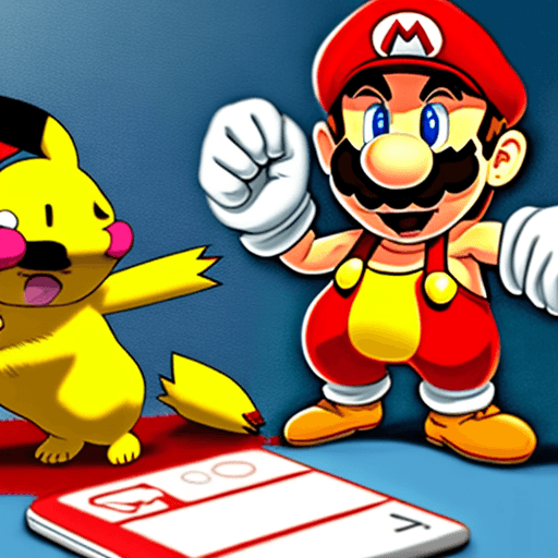 AI generated: buff mario playing games with buff pikachu