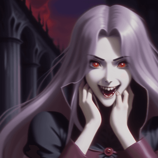 AI generated: a beautiful vampire girl with fangs smiling like a psycho with her hands on her face, 90s anime, 80s...