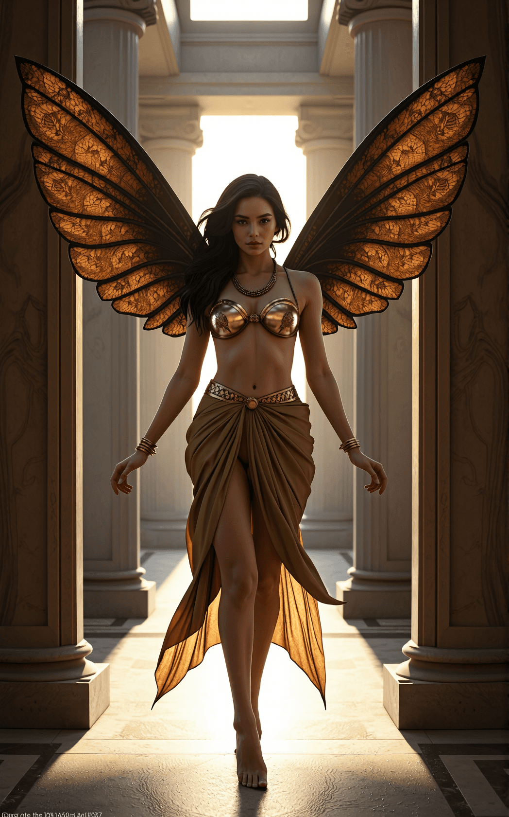 AI generated: Ancient Greek-inspired fairy in a grand marble temple, ornate ceramic tiles and Roman accents surrou...