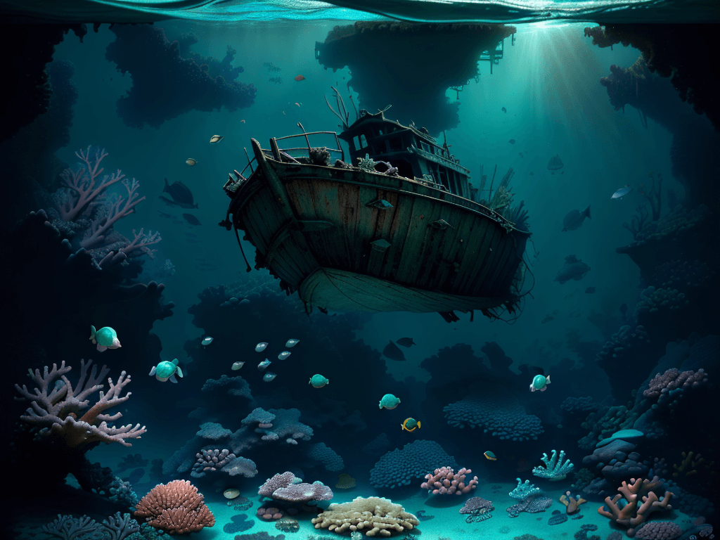 AI generated: a deeper dreamy old little boat wreck, baby green turtle floating and looking at us, corals, sponges...