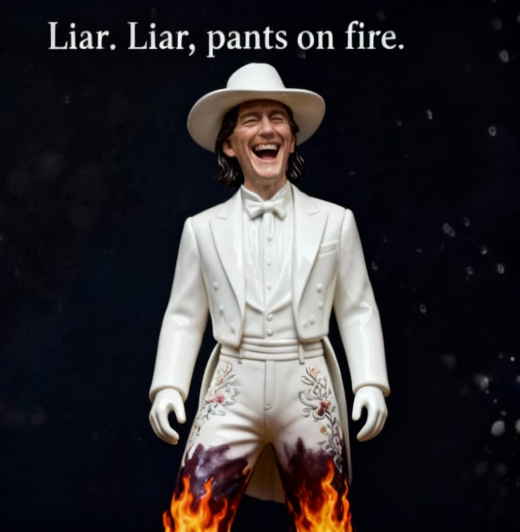 AI generated: It says in the print over his head. Liar. Liar, pants on fire. Man in a white suit and hat, his pant...