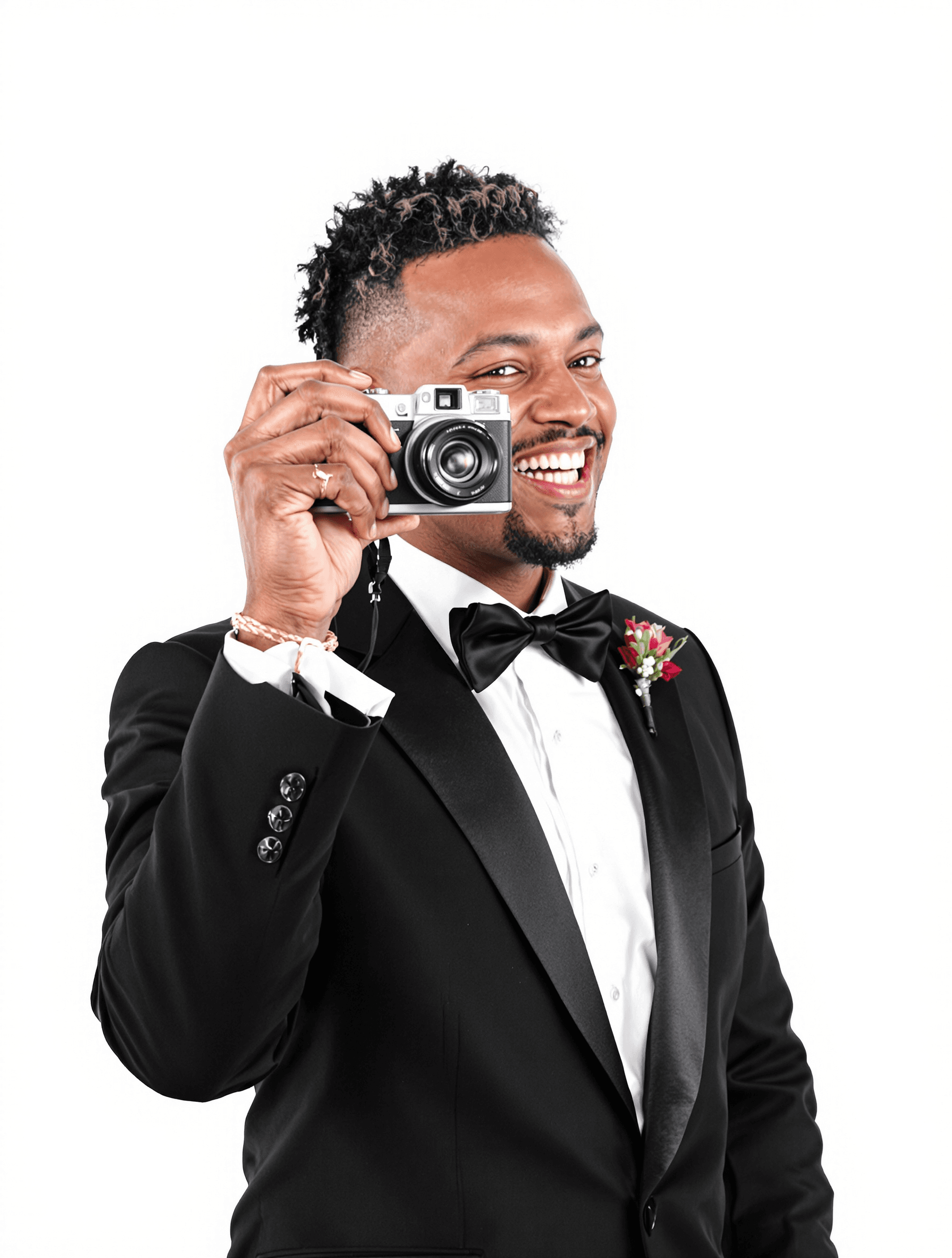 AI generated: An man dressed kn formal dark suits and black bow ties taking an picture in his camera and flash is ...