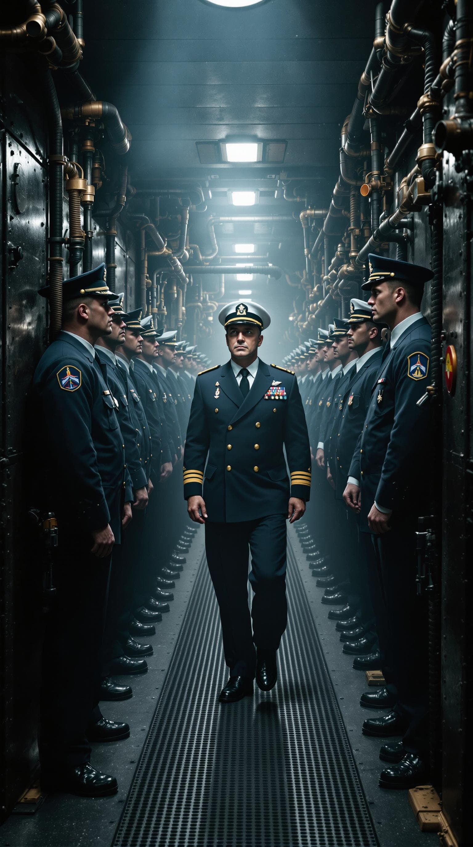 AI generated: A first-person view of standing at attention in a narrow corridor of the submarine. The captain, a s...