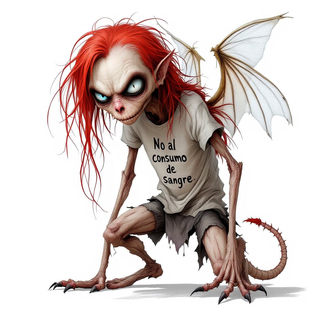 AI generated: A thin and sickly vampire with long, flowing red hair and piercing blue eyes. The vampire’s body is ...