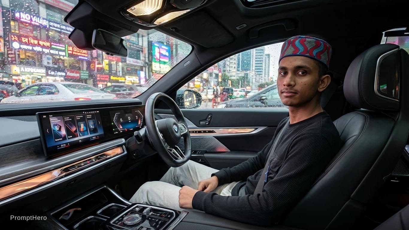AI generated: Background in black bmw car and in the road around me city light on 
