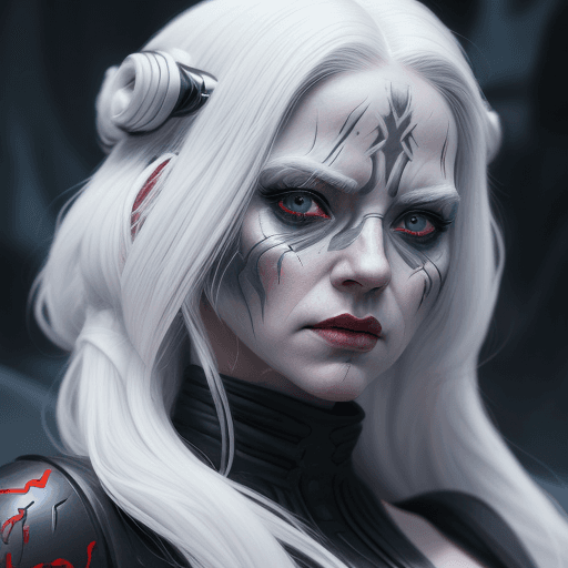 AI generated: female Sith lord from STAR WARS, white hair, beautiful face, detailed face, hyperdetailed, masterpie...
