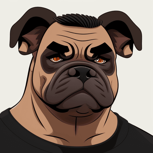 AI generated: a cartoon vector illustration, anthropology，a mature bull dog, fierce，hooligan，thug，handdrawn