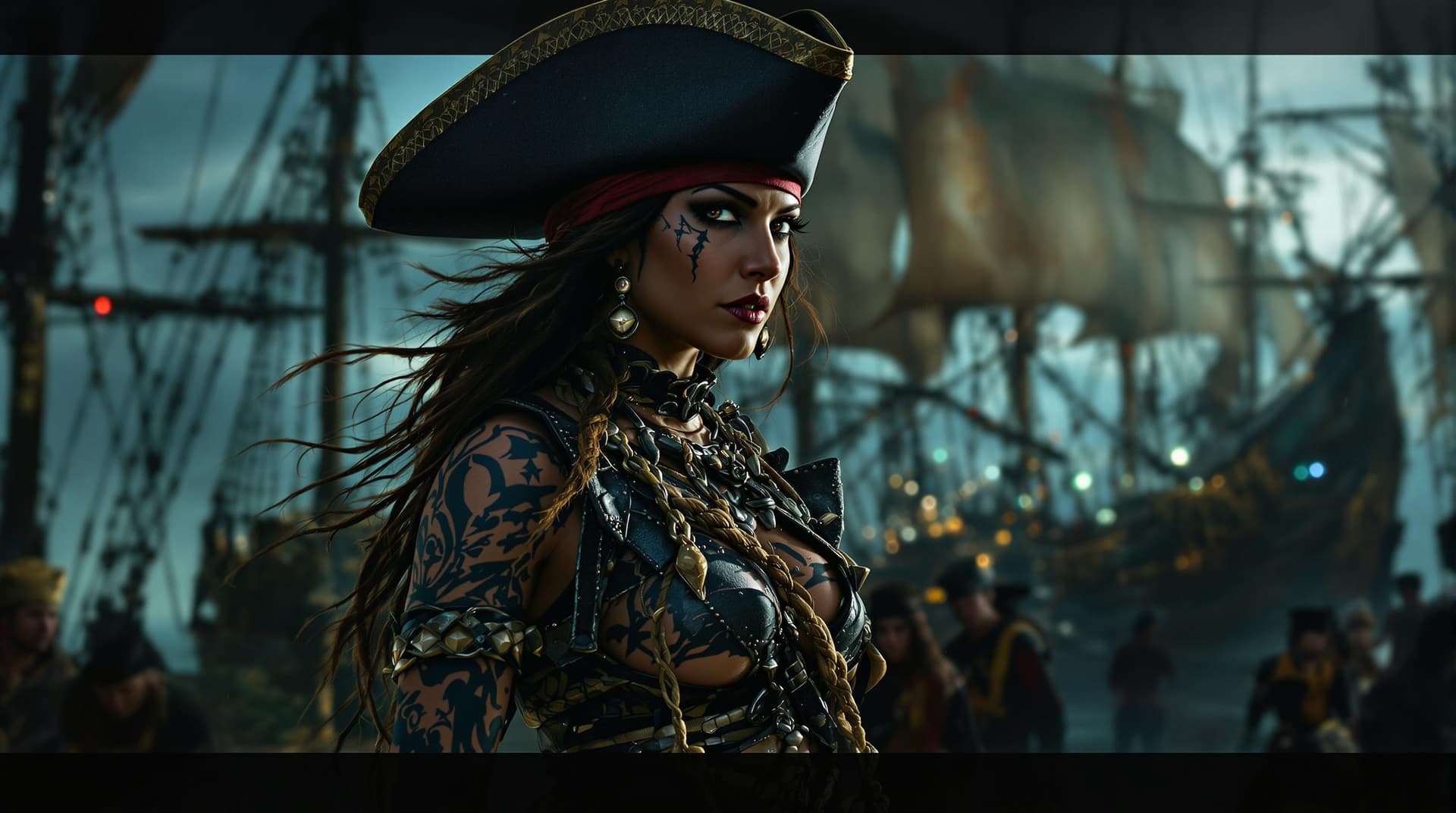 AI generated: Full body view A commanding Native Caribbean pirate captain stands tall amidst the Pirate City of Lo...