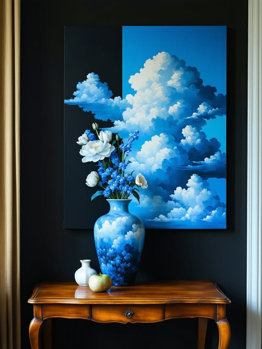 AI generated: A surreal painting inspired by René Magritte. The composition features a reversed still life: the ce...