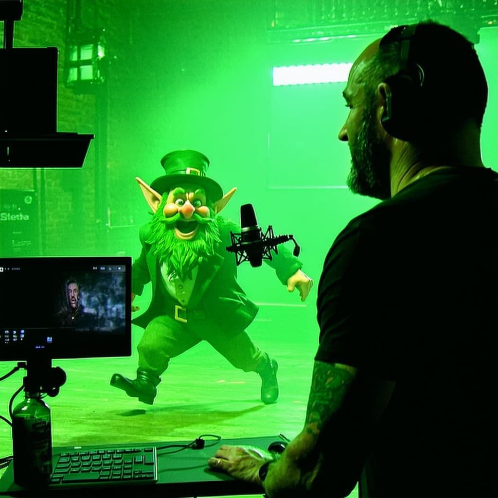 AI generated: Joe Rogan catches a leprechaun breaking onto his set during a podcast and chases after it in a panic...