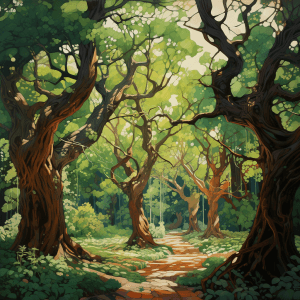 AI generated: A forest vector of trees swaying, with intertwining branch patterns, in shades of green and brown, i...