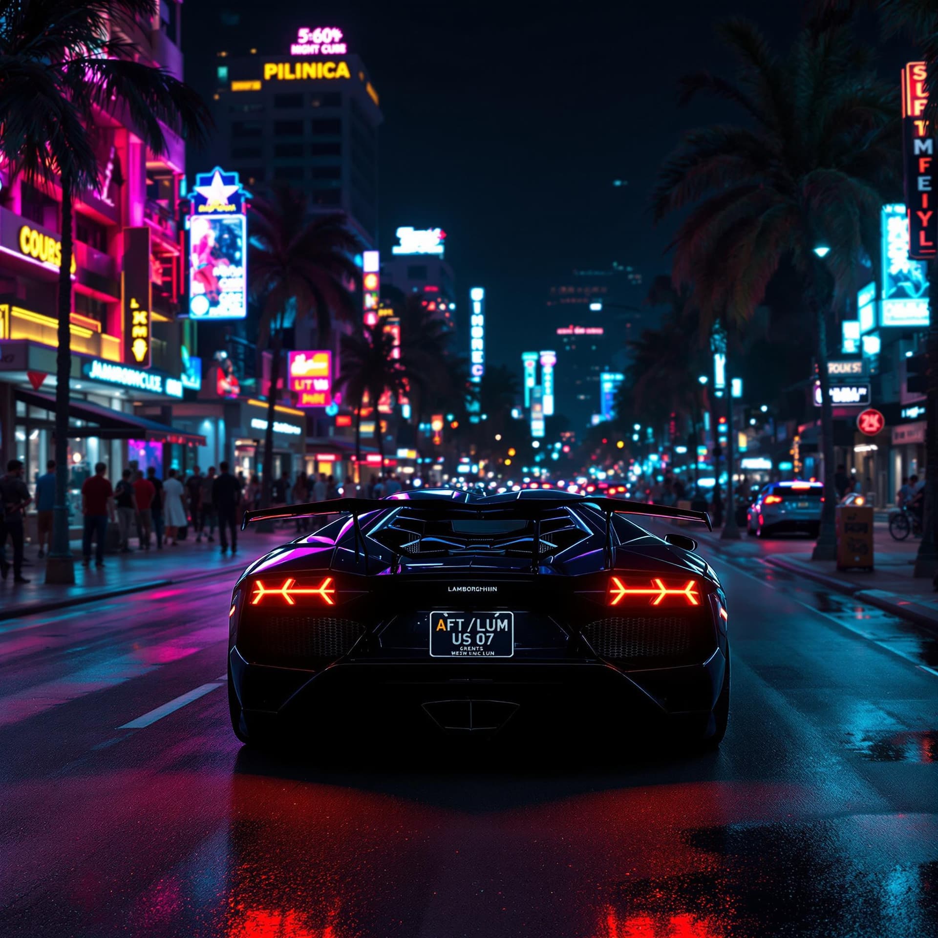 AI generated: Back of a black lamborghini on south beach at night with neon lights, nightclubs. cinematic, hyper r...