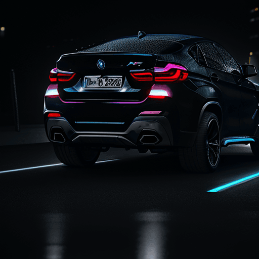 AI generated: a picture of a bmw X6, modern car, black color, perfectly centered, dark night, neon lights in the b...