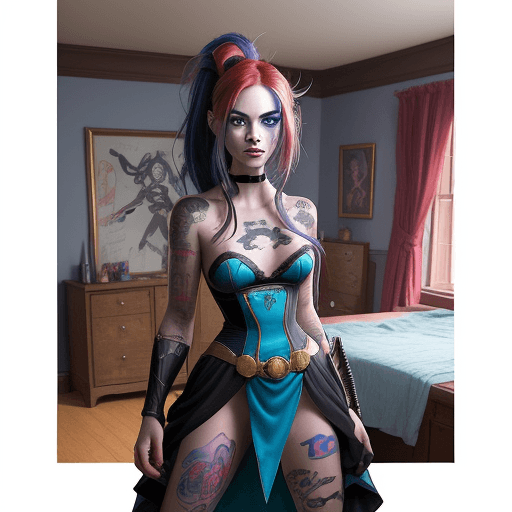 AI generated: hair on the right side, young women, focus on super hero "jinx", character portrait, concept art sty...