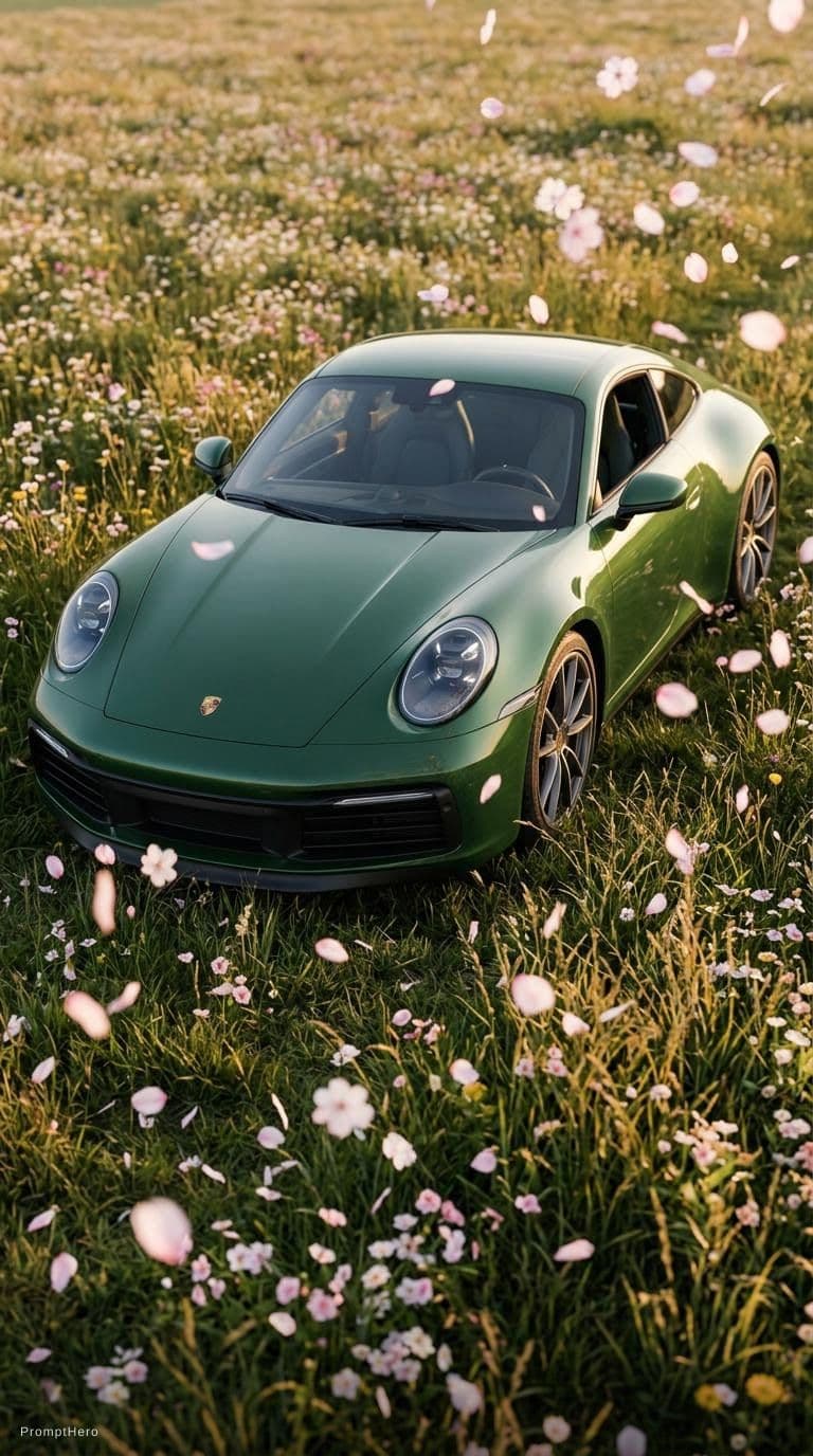AI generated: extremely low shot of a forest green porche 911 in a field of flowers, add sakura petals in the fore...