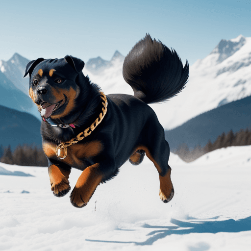AI generated: Photo of a Rottweiler dog, with an open mouth, with a tail, with a gold chain around his neck, again...