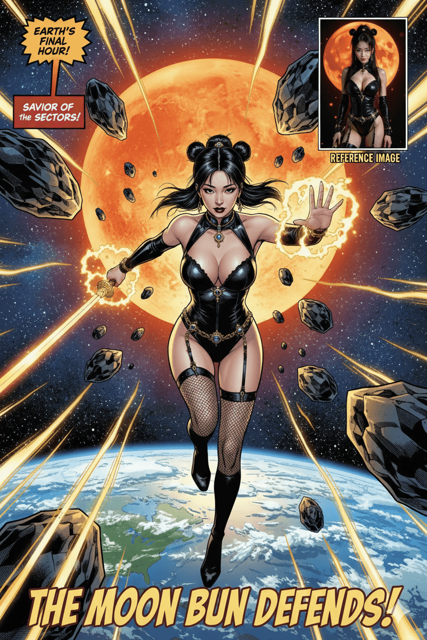 AI generated: generate a marvel style comic with the woman in the photo, content about the woman saving planet ear...