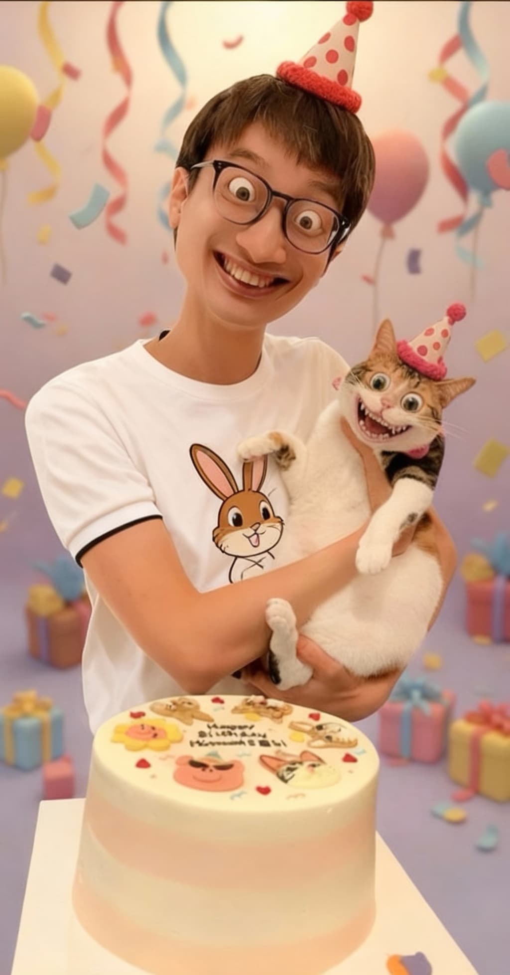 AI generated: change the shirt to a cartoon feel white shirt with a brown face rabbit