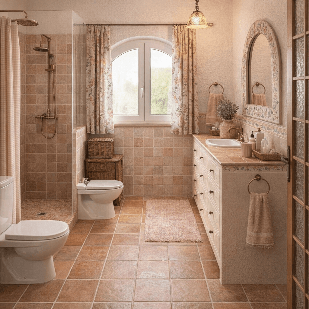AI generated: Renovate this bathroom while keeping the original architecture and proportions. .Keep the exact prop...
