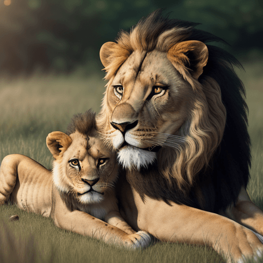 AI generated: A hyperrealistic photo of a lion with her cub in in their natural habitat, savannah landscape, profe...
