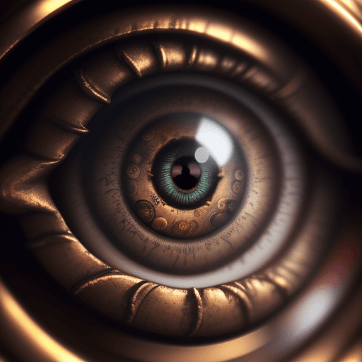 AI generated: extremely realistic, steampunk eye, full view of eye, blurry middle background, ornamental, macro sh...