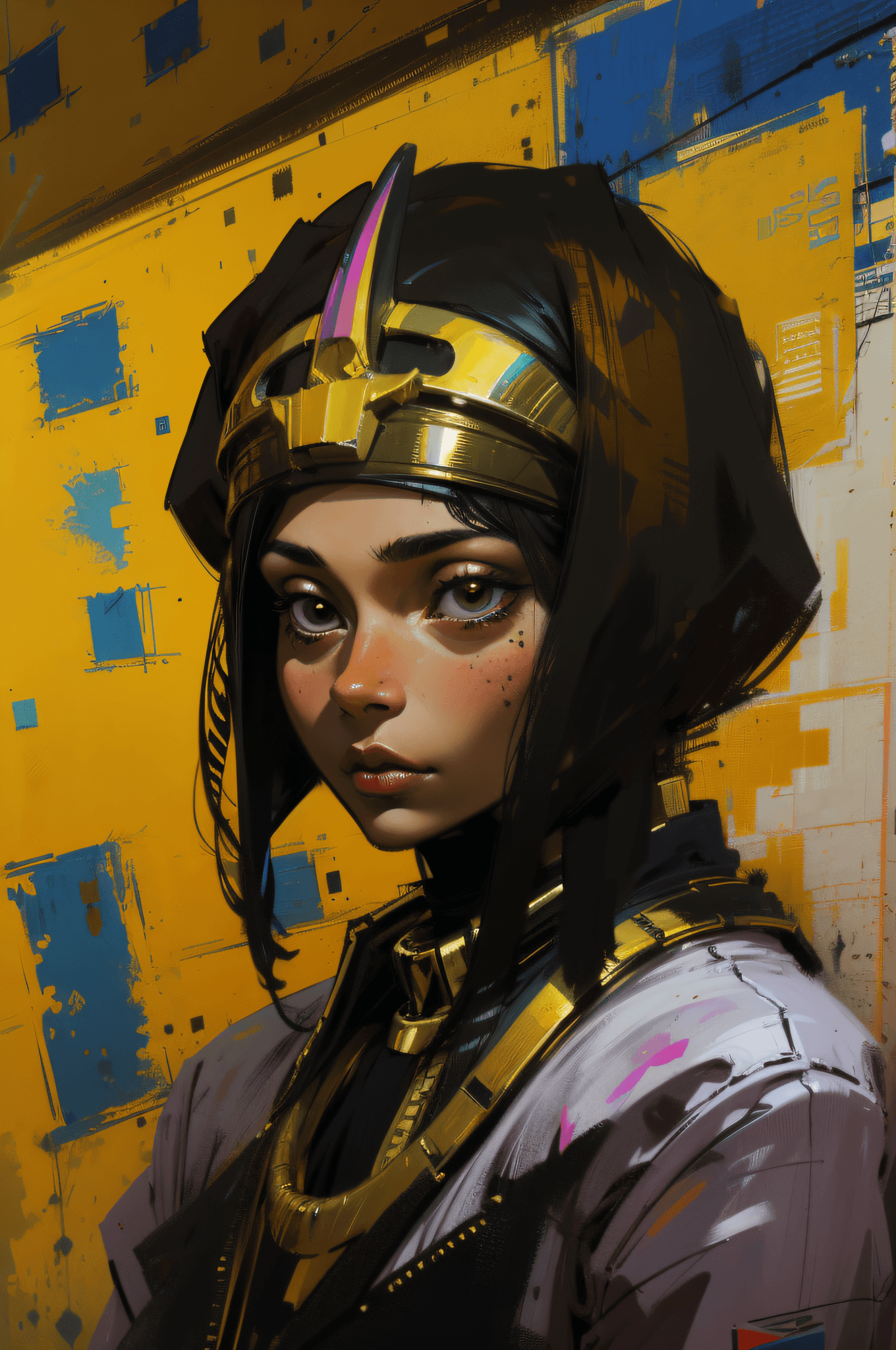 AI generated: 1 Egyptian girl, anubis, horus (digital painting by Andre Kohn and Jean-Michel Basquiat )