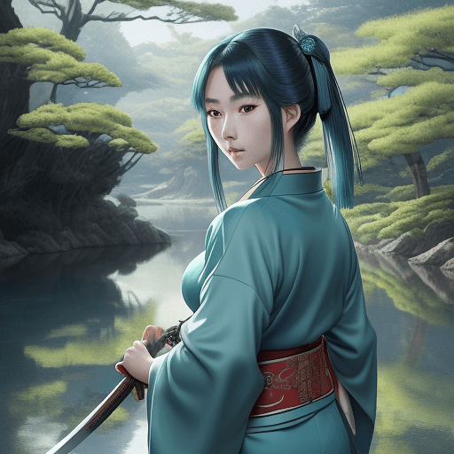 AI generated: A beautiful Japanese woman in a green kimono holding her sword in, in the style of hyper-realistic w...
