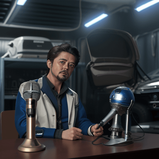 AI generated: R2D2 using an expensive experimental microphone while interviewing Doctor Doom for a podcast in Tony...