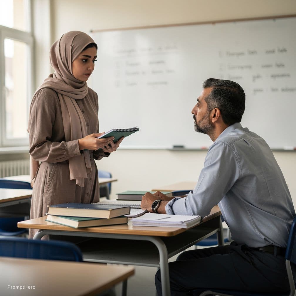 AI generated: Ragazza di 18 anni, araba, con hijab, a scuola, davanti al professore di 50 anni, implora il profess...