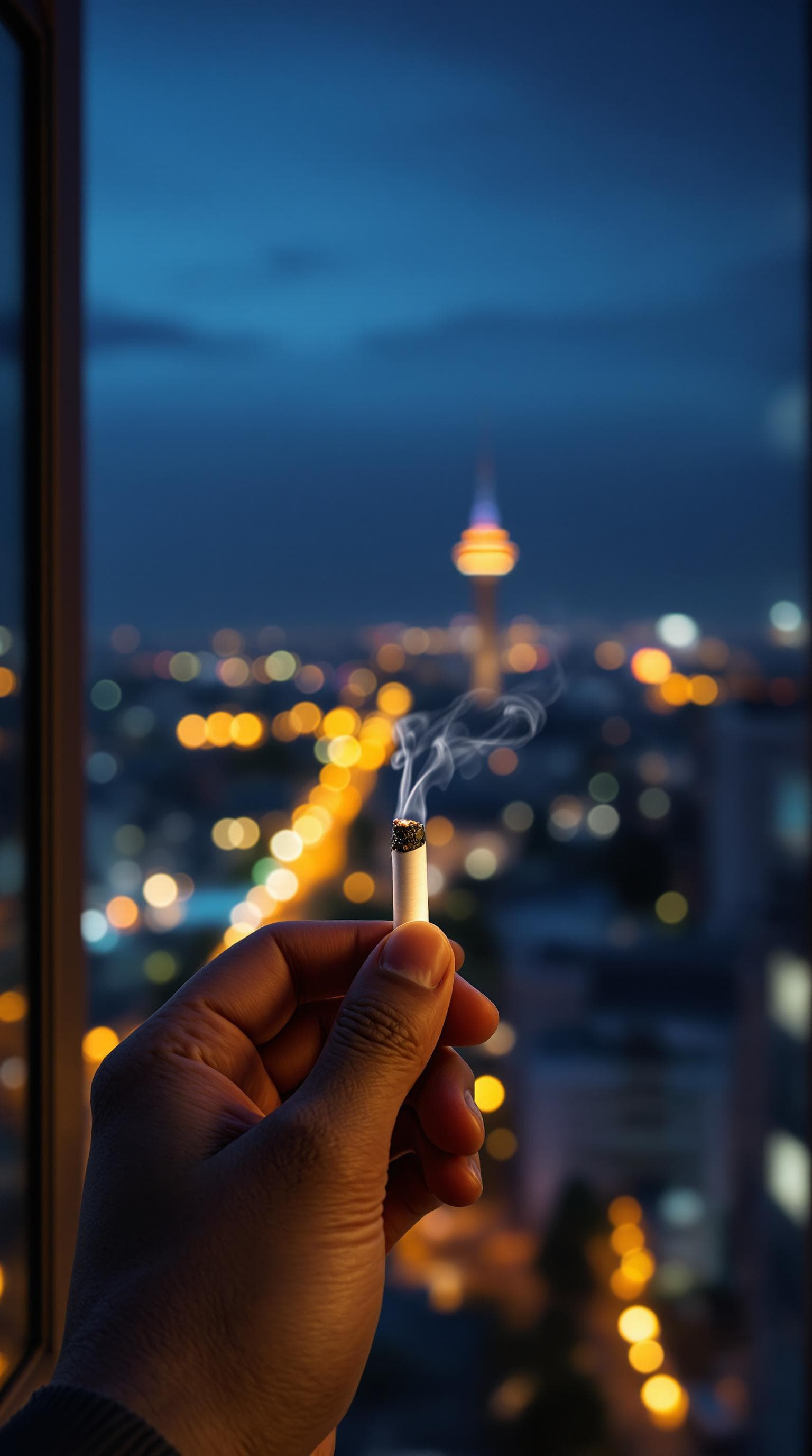AI generated: pov first-person, i am standing by the open window, smoking a cigarette professionally . only my han...