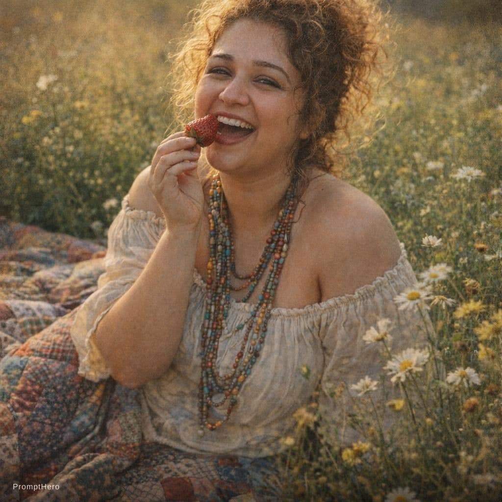 AI generated: A full-figured woman with thick, sun-kissed golden curls piled loosely atop her head lounges on a vi...