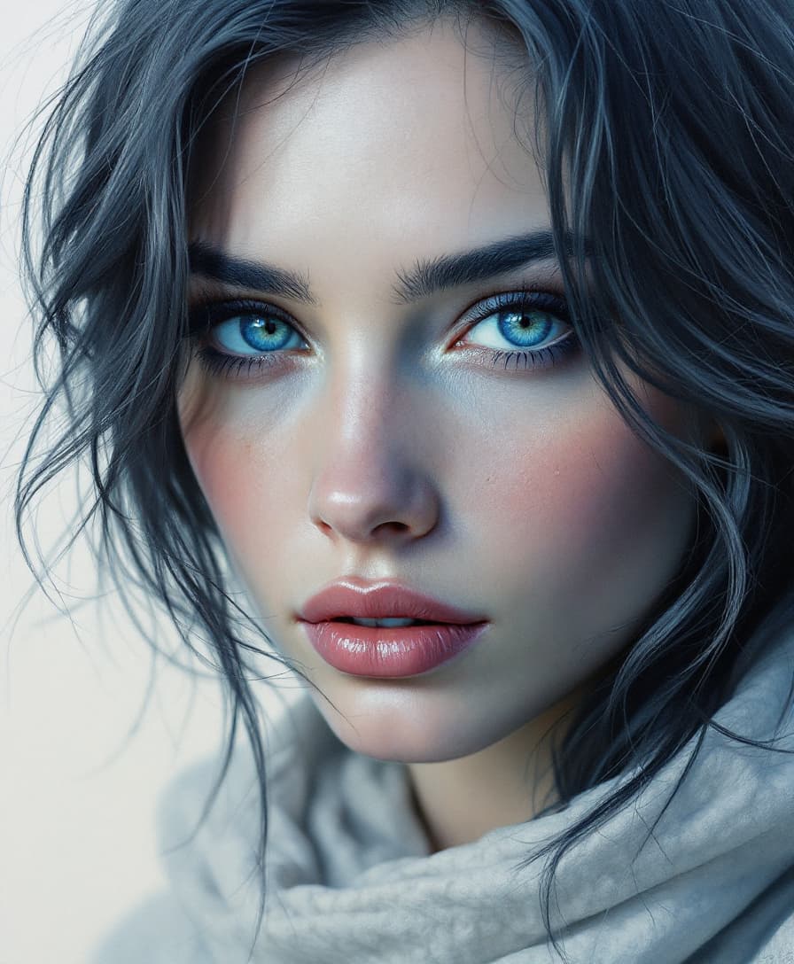 AI generated: Full-length portrait of a woman in the style of Kieron Gillen. Soft greys, deep blues. I can't belie...