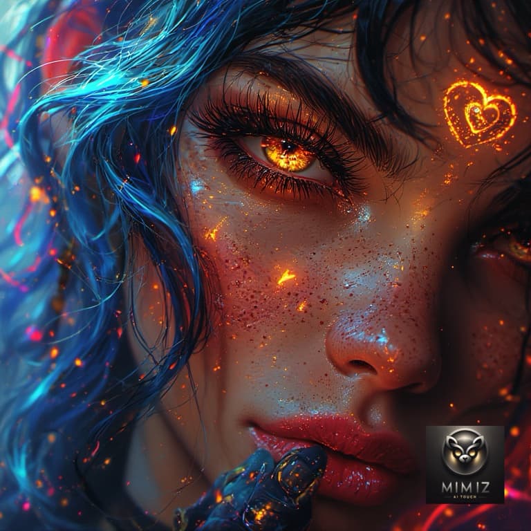 AI generated: Perchance
Stylized fantasy doll-like woman with blue and white hair, glowing cyan eyes, heart-themed...