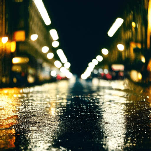 AI generated: distant photograph of a busy street at night with lights reflected by wet pavement | rain | 85mm | f...