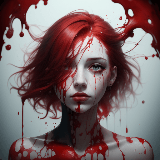 AI generated: A half body portrait of a woman made of blood, half body is submerged in blood, red hair depicting a...