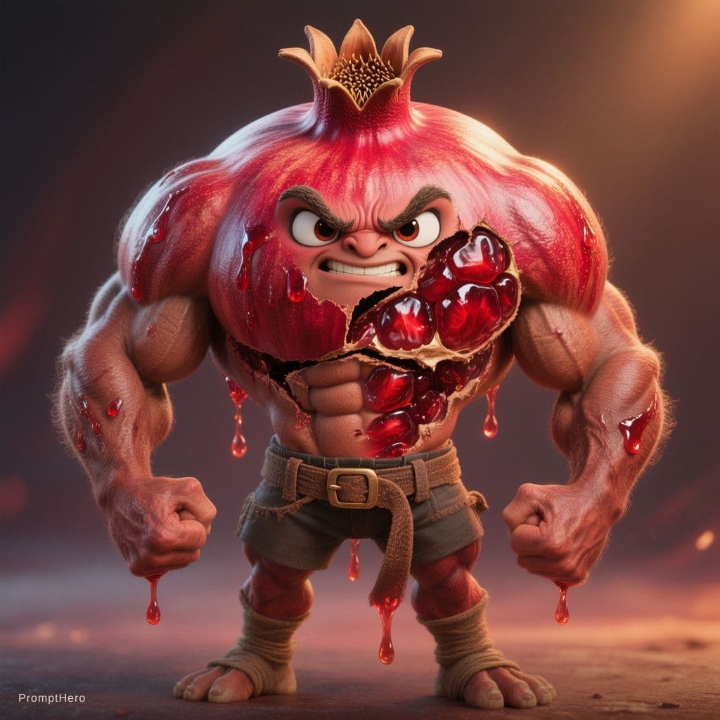 AI generated: Pixar-style 3D render, highly detailed character design. A muscular, buff pomegranate character with...