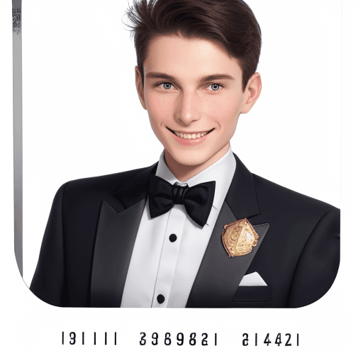 AI generated: 3/4 passport photo, young guy, in a tuxedo, smiling, white background, looking straight, small cheek...