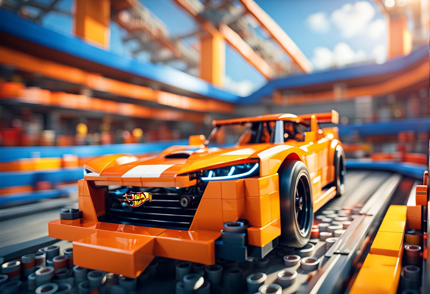 AI generated: cinematic CG 8k wallpaper, action scene from Hot Wheels tabletop racing game, (lego style), bogus ro...