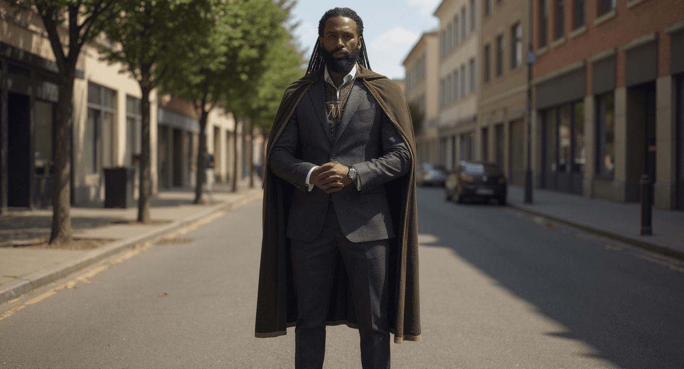 AI generated: Let the man be in full viking wears the face be visible and stand in a street full of deam sunlight 