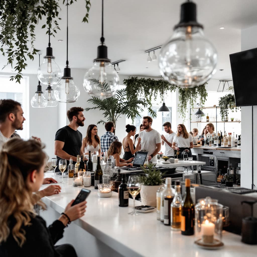 AI generated: un bar blanc ouvert au public avec des clients, avec un dj 